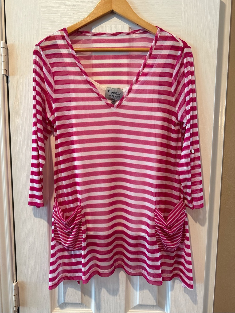 White Lace Tank Top Coverup Lynn Ritchie Silver Pink & White Striped Blouse w/